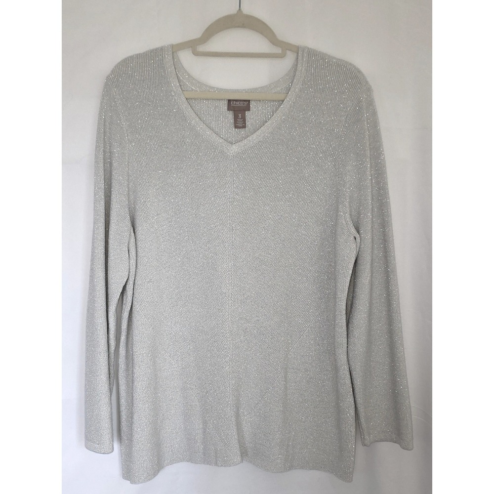 Chicos Silver Metallic V-Neck Long Sleeve Sweater Size XL Ribbed Shimmer Top